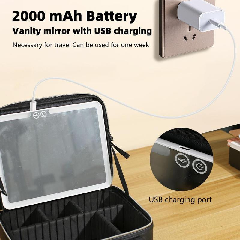 Travel Cosmetic Bag with LED Lighting (3 settings) with Rechargeable Accessory Box