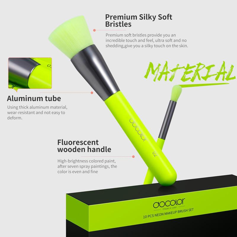  10 Piece Makeup Brush set by Docolor  (Neon Green)