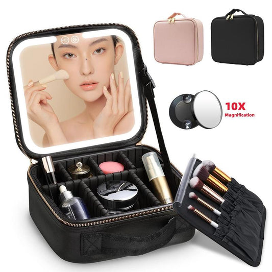 Travel Cosmetic Bag with LED Lighting (3 settings) with  Rechargeable Accessory Box 