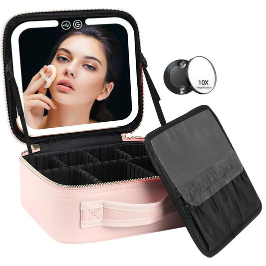 Travel Cosmetic Bag with LED Lighting (3 settings) with  Rechargeable Accessory Box 